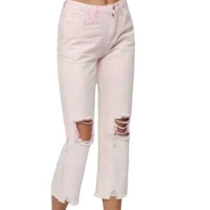 Fate Womens M Cropped High Rise Distressed Jeans in Washed Pink NWT